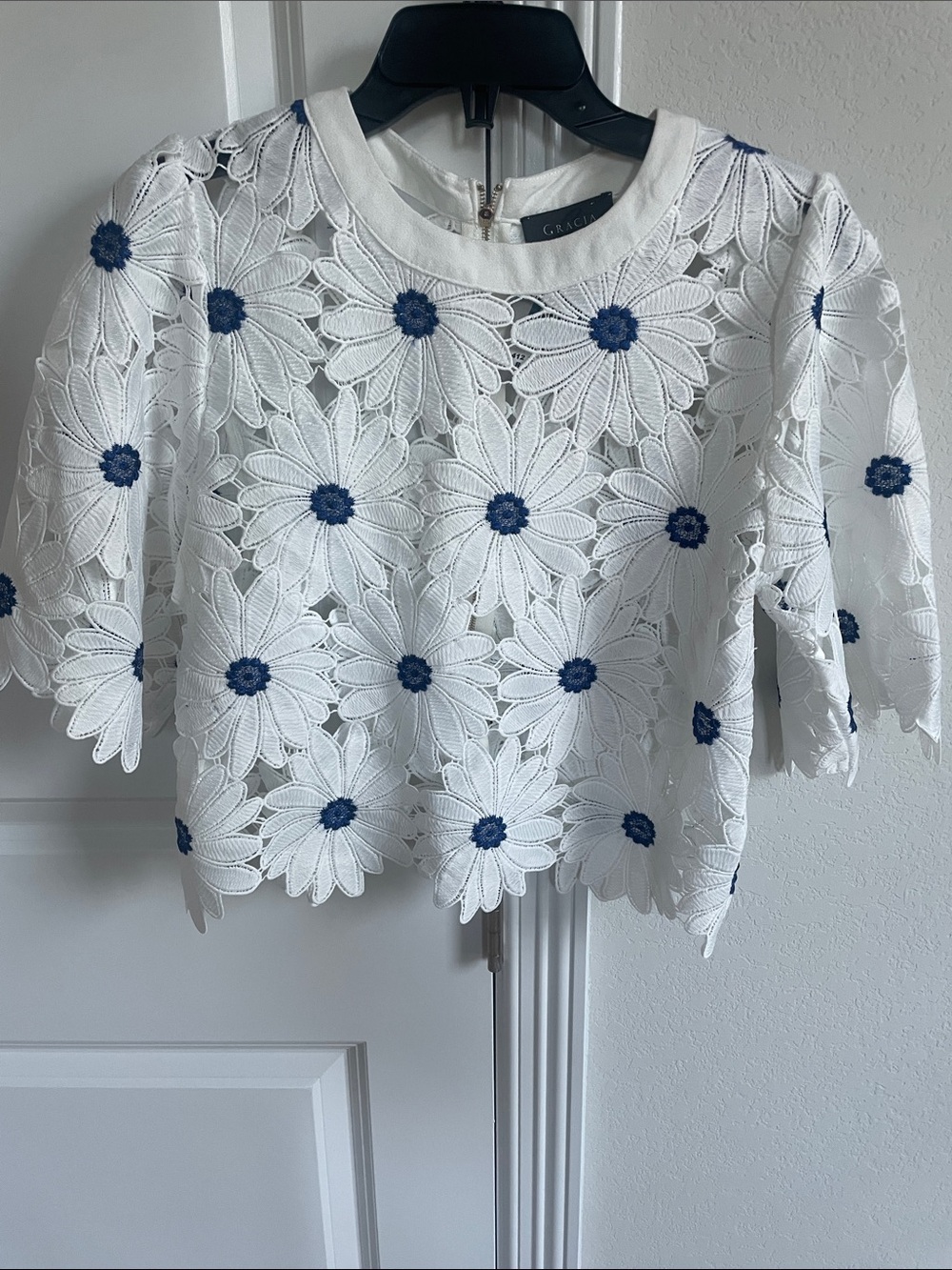 White Floral Lace Top with Navy Daisy Accents